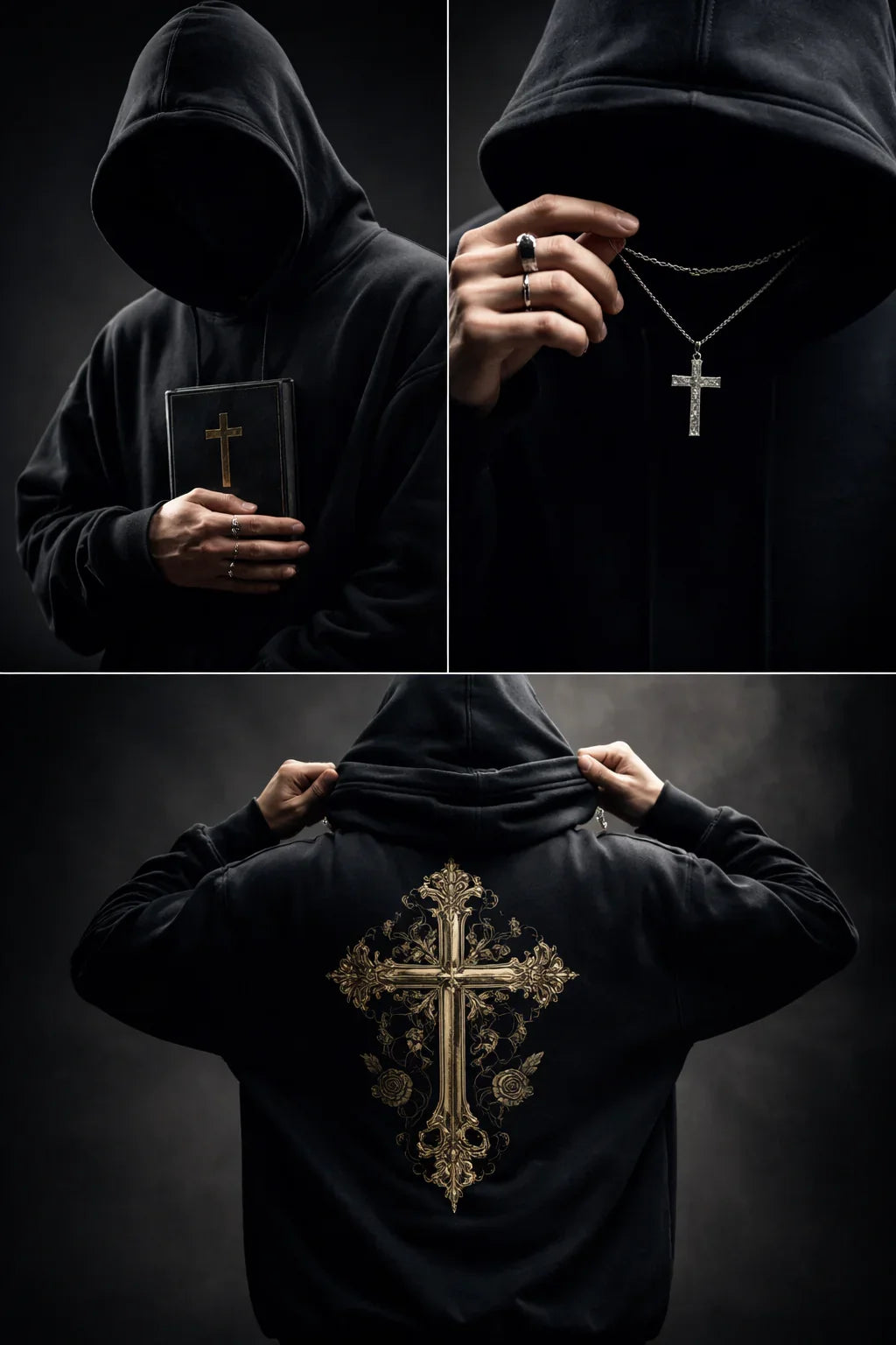 Minimalist black hoodie with ornate gold cross design, paired with cross jewelry and book